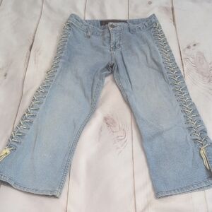 Y2K Vintage Mudd Yo Lace Up Tie size 3 Denim Jean Capri Light Wash Stellar Style